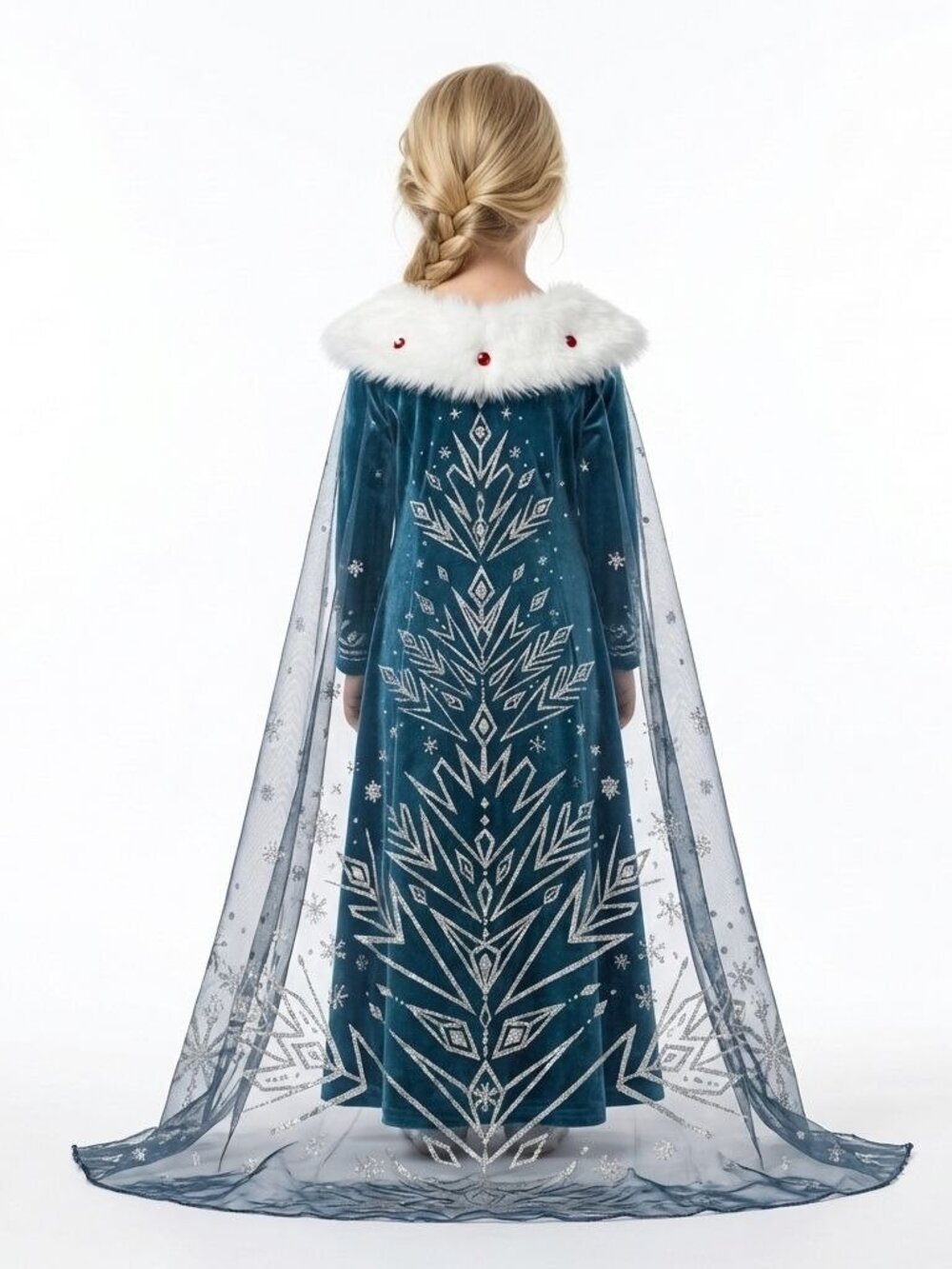 Girls Elsa Frozen Princess Costume Dress Blue Velvet Fur Collar Snowflake Cape B - Picture 2 of 2